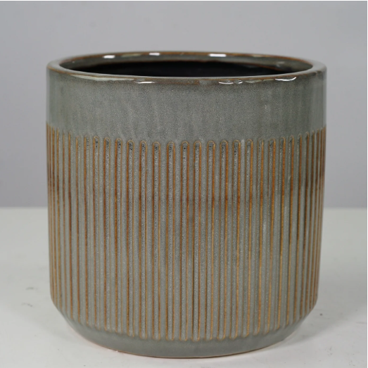 Grey/Brown Glazed Ribbed Ceramic Pot