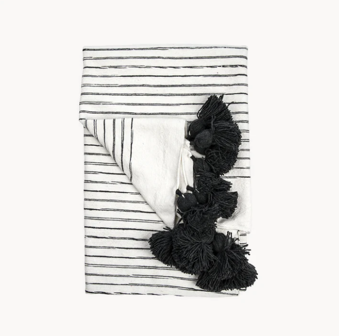 Monochrome Striped Moroccan Pom Pom Blanket