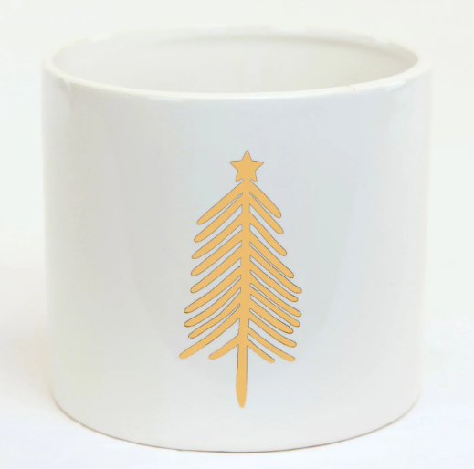 White Ceramic Pot with Gold X-mas Tree