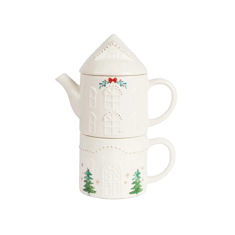 White Golden House Stacked Tea & Mug Set