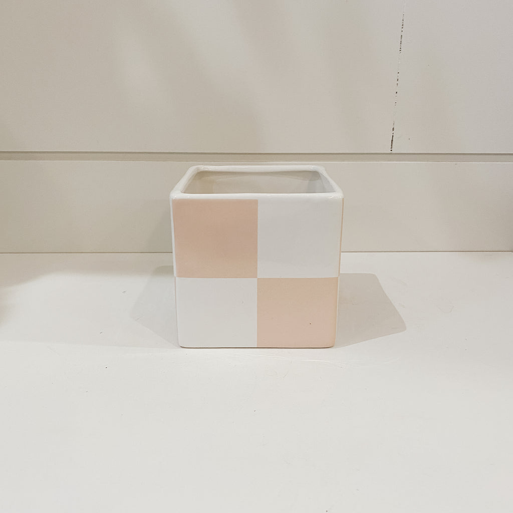 Pink Checkered Cube Pot