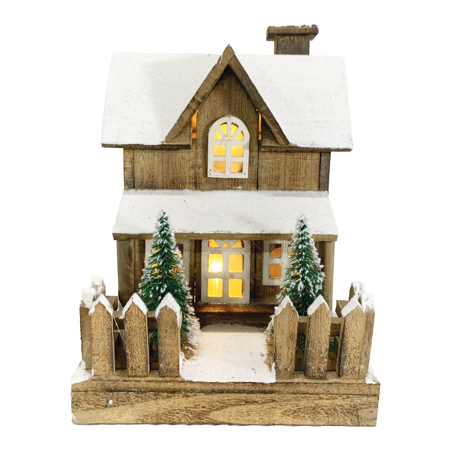 Wooden House with Snow and Trees with LED Lights