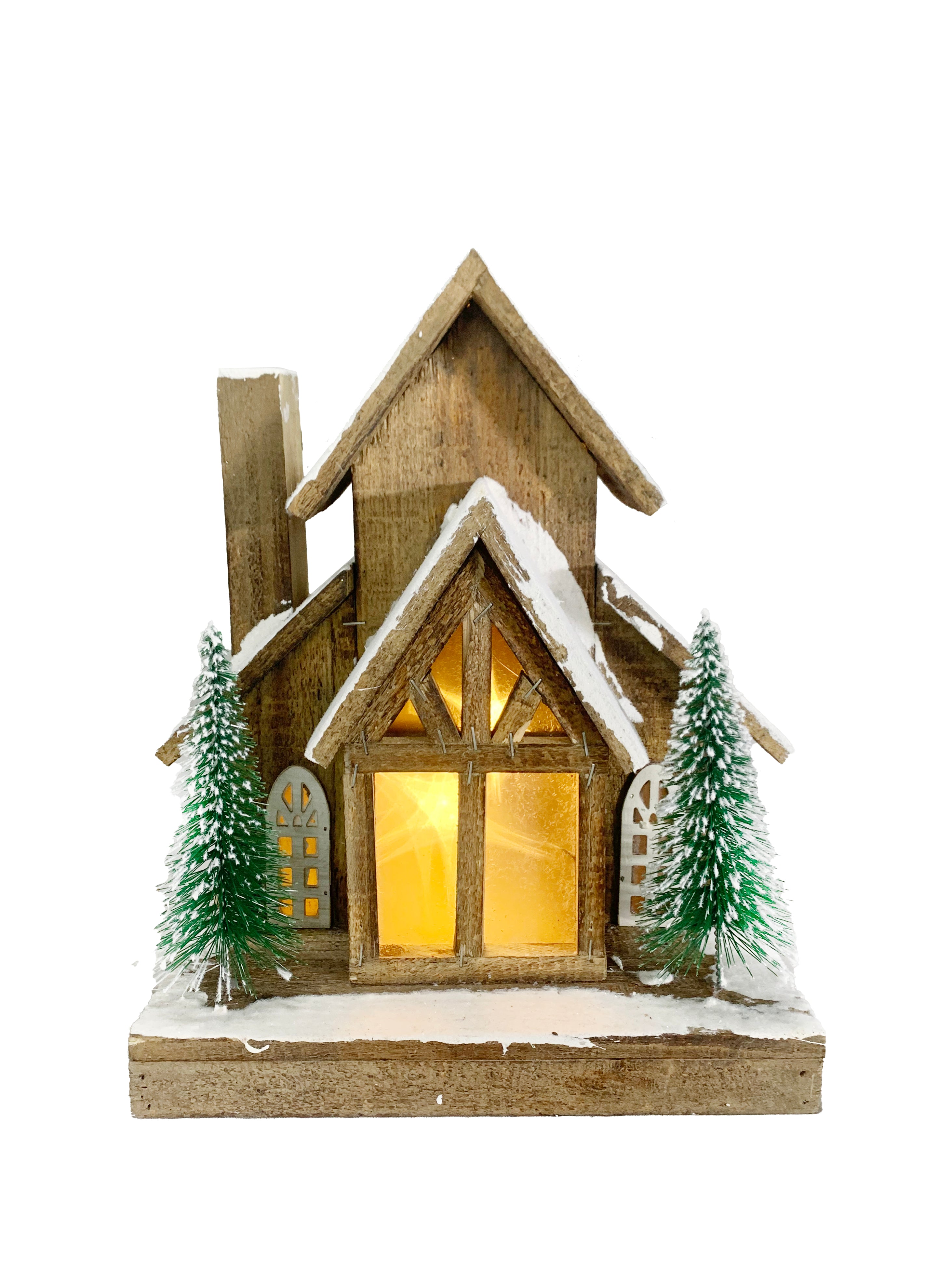Wooden House with Snow and Trees with LED Lights
