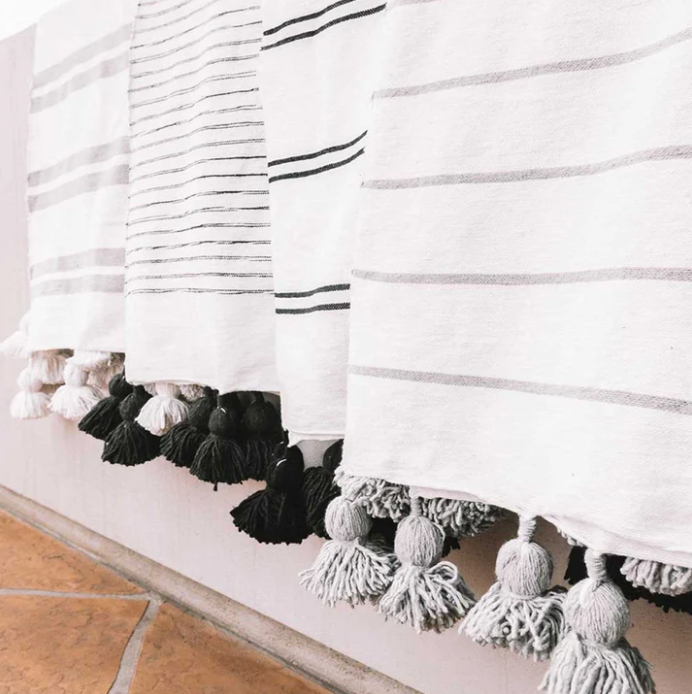 Monochrome Striped Moroccan Pom Pom Blanket