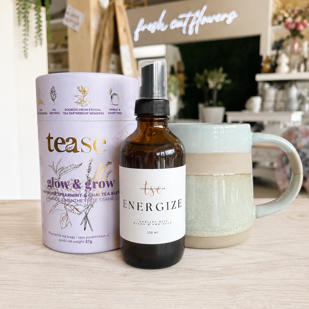 Tease tea with room spray and pottery mug