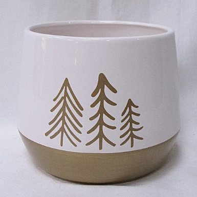 White Ceramic Pot with Gold Base and Trees