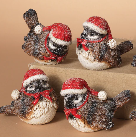 Frosted Holiday Brown Bird with Hat and Bow