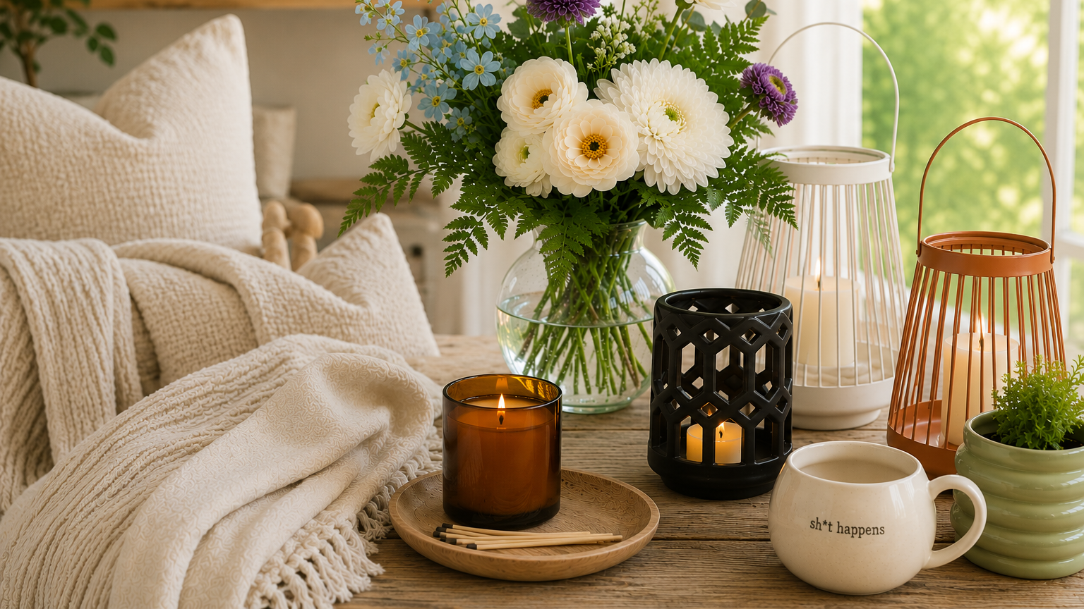 Cozy living room with flowers, candles, and a mug on a table.