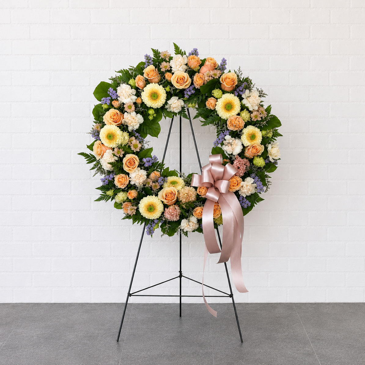Floral wreath with a pink bow on a stand against a white background