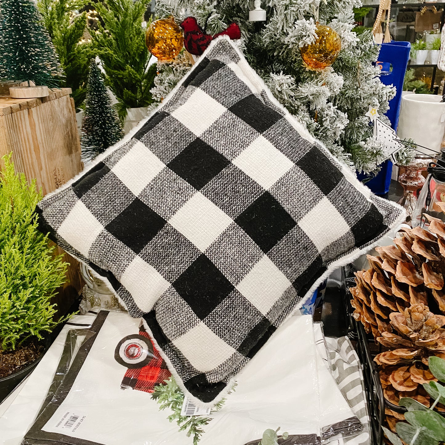 Checkered Throw Pillow With Faux Fur